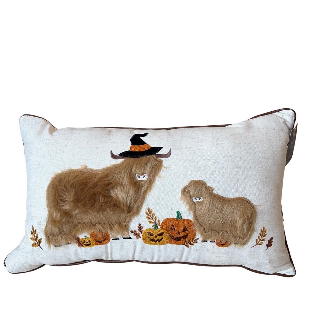 Spooky Night Halloween Highland Cow Throw Pillow 14x24 Embroidered Pumpkin NEW